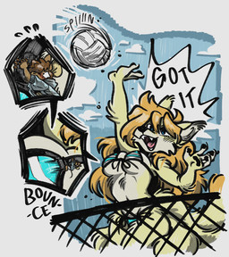 anthro ball beach big_breasts bikini breasts clothing duo female female/female hair jumping long_hair micro minigirl multi_tail outside pawpads size_difference sport swimwear tail two-piece_swimsuit volleyball volleyball_(ball) emmacat64 canid canine fox mammal mouse murid murine rodent hi_res