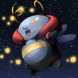 ambiguous_anthro ambiguous_gender antennae_(anatomy) anthro back_wings black_antennae black_body black_exoskeleton exoskeleton featureless_arms featureless_legs flying grey_body grey_exoskeleton grey_nose happy insect_wings looking_up multicolored_antennae multicolored_body multicolored_exoskeleton night open_mouth open_smile outside pink_tongue pupils red_body red_exoskeleton semi-anthro sky smile solo star starry_sky tongue translucent translucent_wings two_tone_antennae wings yellow_antennae yellow_body yellow_exoskeleton yellow_eyes spicyichizo nintendo pokemon ambient_arthropod ambient_firefly ambient_insect arthropod generation_3_pokemon insect pokemon_(species) volbeat 1:1 2026 absurd_res hi_res shaded