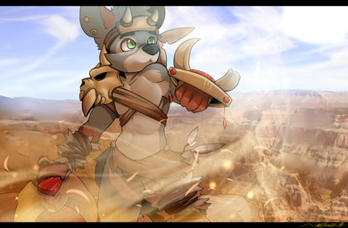 accessory anthro armor axe biceps black_bars bone bottomwear clothed clothing fantasy fantasy_weapon feathers fur green_eyes grey_body grey_fur headband horn loincloth male melee_weapon muscular muscular_anthro muscular_male shield skull solo weapon white_body white_fur wraps kyubbi-arts canid canine mammal 2014 digital_media_(artwork) hi_res letterbox