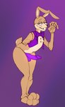 3_toes 5_fingers anthro balls bent_over black_nose bottomless bottomless_anthro bottomless_male bow_tie buckteeth circumcised clothed clothing feet fingers genitals gesture half-closed_eyes hand_behind_back hand_gesture humanoid_genitalia humanoid_penis long_ears male narrowed_eyes nipple_outline penis purple_background purple_bow_tie purple_clothing purple_eyes purple_penis purple_topwear purple_vest rabbit_ears simple_background smile solo standing stitch_(sewing) teeth toes topwear topwear_only vest vest_only whiskers cyancoyote five_nights_at_freddy's:_help_wanted glitchtrap lagomorph leporid mammal rabbit 2023 absurd_res hi_res