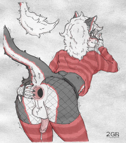 5_fingers anthro anus balls barbel_(anatomy) big_butt black_body black_fur blush blush_lines bodily_fluids butt claws clothing covering covering_face cropped_sweater dripping ears_up embarrassed eyebrow_through_hair eyebrows femboy fingers fishnet_clothing fishnet_gloves fishnet_handwear fishnet_leggings fishnet_legwear flaccid fur gaping gaping_anus genital_fluids genitals gloves hair handwear humanoid_genitalia leggings legwear long_sleeves long_tail looking_back male messy_hair multicolored_body multicolored_fur pattern_clothing pattern_legwear pattern_thigh_highs penis pink_anus pink_penis precum precum_drip raised_tail red_eyes shaking solo stretched_anus striped_clothing striped_legwear striped_thigh_highs stripes tail tail_tuft thick_thighs thigh_highs translucent translucent_hair trembling tuft whiskers white_hair wide_hips 2gr european_mythology mythology dragon furred_dragon furred_scalie mythological_creature mythological_scalie scalie western_dragon 2025 digital_drawing_(artwork) digital_media_(artwork) hi_res signature