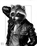 anthro clothed clothing jacket leather leather_clothing leather_jacket leather_topwear looking_at_viewer male open_clothing open_jacket open_topwear solo topwear ryngsraccoon joleii_(character) mammal procyonid raccoon 2013 4:5 charcoal_(artwork) graphite_(artwork) half-length_portrait monochrome portrait traditional_media_(artwork)