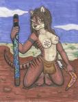 5_fingers 5_toes aboriginal accessory anthro australian barefoot biped black_markings boomerang bottomwear breast_markings breasts brown_body brown_eyes brown_fur brown_hair brown_stripes brown_tail clothed clothing cloud collarbone countershade_face countershade_torso countershading didgeridoo dirt dreadlocks ear_piercing eye_markings eyelashes feet female fingers front_view fur hair hair_accessory holding_musical_instrument holding_object humanoid_feet humanoid_hands inner_ear_fluff kneeling loincloth long_hair looking_at_viewer markings medium_breasts multicolored_body multicolored_fur musical_instrument native navel nipples outside piercing pink_nipples plant plantigrade pose raised_heel savanna sky smile snout solo striped_body striped_fur striped_markings striped_tail stripes tail tail_markings tan_body tan_countershading tan_fur tattoo toes topless tree tribal tribal_tattoo tuft two_tone_body two_tone_fur wind_instrument dreamrunnerwolf moldred kateena_(moldred) dasyuromorph mammal marsupial recently_extinct_species thylacine 2006 full-length_portrait marker_(artwork) pinup portrait signature traditional_media_(artwork)