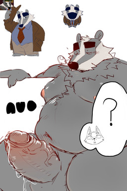 accessory anthro balls belly black_nose bottomwear clothing erection eyes_closed genitals hat headgear headwear male mature_male moobs navel necktie nipples overweight overweight_male pants penis shirt sitting sleeping solo standing topwear nuonuosex beastly_crimes beastly_crimes_(2024) chief_badger badger mammal mustelid musteline 2026 hi_res