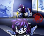 amazed anthro aquarium blue_body blue_fur clothed clothing comic_panel eyelashes fur hair male purple_eyes purple_hair solo vivarium young voramera sammy_(voramera) canid fish mammal marine hi_res