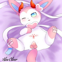 animal_genitalia animal_penis blue_eyes canine_genitalia canine_penis chibi disembodied_penis female feral genitals lying male one_eye_closed pawpads paws penetration penile penile_penetration penis penis_in_vagina pink_body solo tattoo vaginal vaginal_penetration vulva white_body aleuoliver nintendo pokemon eeveelution generation_6_pokemon pokemon_(species) sylveon 1:1 hi_res