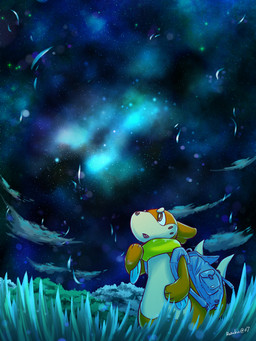 2_tails ambiguous_gender arm_fin backpack black_nose brown_eyes cloud dipstick_tail eyebrows fin flotation_device flotation_sac grass markings multi_tail night open_mouth orange_body outside plant sky solo star tail tail_markings tan_body rasuku@07 nintendo pokemon buizel generation_4_pokemon mammal mustelid pokemon_(species) 3:4