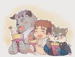 anthro blush chibi crepe eating eyebrows group horn licking licking_lips male scar thick_eyebrows tongue tongue_out trio igarashi_ta lifewonders tokyo_afterschool_summoners behemoth_(tas) moritaka_(tas) ryouta_yakushimaru canid canine canis domestic_dog human mammal monster hi_res