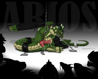 2_penises ambiguous_gender bdsm bodily_fluids bondage bondage_gear bondage_gloves bound clothing cuff_(restraint) feral frill_(anatomy) gag gagged genital_fluids genitals green_body green_scales group handwear horn knot knotted_penis male multi_genitalia multi_penis pawpads penis precum reins restraints scales snout tail tail_cuff wingbinders wings necrodrone mythology arios dragon mythological_creature mythological_scalie scalie