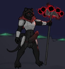 abs anthro armor balls big_balls big_penis black_body black_fur bodily_fluids bottomless bottomless_male clothed clothing dripping erection fur genital_fluids genitals glowing glowing_eyes huge_penis humanoid_genitalia humanoid_penis magic male penis precum precum_drip red_eyes solo vein veiny_penis weapon whike realm_of_the_mad_god_exalt inspector_stromwell mammal murid murine rat rodent