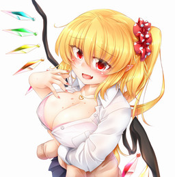 big_breasts blonde_hair blush bodily_fluids bottomwear bra breasts cleavage clothed clothing colored_nails crumbs fangs female hair humanoid_pointy_ears jacket jewelry nails necklace not_furry open_mouth pointy_ears ponytail red_eyes red_nails skirt smile solo sweat sweatdrop teeth topwear underwear unusual_anatomy unusual_wings white_body white_skin wings m9kndi touhou flandre_scarlet humanoid vampire hi_res