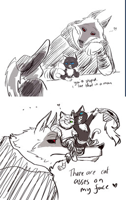 anthro bisexual dialogue female flirting flirting_look group happy humor interspecies male male/female male/male mmf one_eye_closed polyamory size_difference smile talking_to_another talking_to_partner text trio wink ultimatellurker dreamworks puss_in_boots_(franchise) death_(puss_in_boots) kitty_softpaws puss_in_boots_(dreamworks) canid canine canis domestic_cat felid feline felis mammal tabby_cat wolf absurd_res english_text hi_res meme redraw