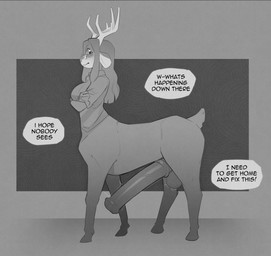 animal_genitalia animal_penis anthro antlers balls big_penis clothing collared_shirt dress_shirt equine_genitalia equine_penis erection eyewear genitals glasses gynomorph hair hooves horn huge_penis hyper hyper_genitalia hyper_penis intersex long_hair nervous penis shirt short_tail solo speech_bubble tail text topwear transformation transformation_sequence krim_hue krim_(krim_hue) deer deer_taur mammal mammal_taur taur absurd_res english_text hi_res monochrome