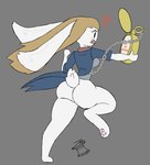 alternate_species anthro blonde_hair butt chain clock clothing female fluffy_ears hair jacket long_ears long_hair paws pocketwatch rear_view running simple_background solo surprise text topwear watch zakuinatophat alice_in_wonderland alice_(alice_in_wonderland) coupon_alice lagomorph leporid mammal rabbit english_text hi_res signature
