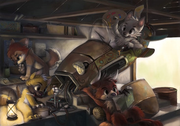 anthro book chibi fire garage grey_eyes group holding_object holding_tool horn lamp lantern machine male nude paint painting_(object) reading rocket screwdriver tail teeth tools workshop silverfox5213 bovid bovine canid canine canis cattle domestic_dog fox mammal 2012 digital_media_(artwork)