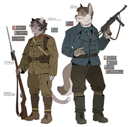 action_pose anthro belt blue_eyes boots bottomwear brown_hair clothing coat duo fluffy fluffy_tail footwear fur grey_body grey_fur grey_skin gun hair hand_on_hip highlights_(coloring) holding_object holding_weapon kerchief long_tail looking_aside male military_uniform notched_ear pants pointy_ears pose ranged_weapon rifle shoes short_hair simple_background snout submachine_gun tail text thin_tail topwear uniform weapon whiskers white_body white_fur white_highlights yellow_eyes ddcrushh aldo_raine dylan_(ddcrushh) canid canine felid feline mammal absurd_res digital_drawing_(artwork) digital_media_(artwork) english_text hi_res trans_(lore) trans_man_(lore)