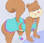 anthro athletic_wear bedroom_eyes bent_over big_butt big_eyes blue_clothing bottomwear brown_body brown_fur buckteeth butt cheerleader cheerleader_outfit clothed clothing curvy_figure eyelashes female fingers fluffy fluffy_tail footwear fully_clothed fur glistening glistening_arms leaning leaning_forward lidded_eyes looking_at_viewer narrowed_eyes pink_nose seductive shoes shorts smile smiling_at_viewer solo tail tan_body tan_fur teeth thick_thighs toony voluptuous wide_hips usnarbit nickelodeon spongebob_squarepants sandy_cheeks mammal rodent sciurid tree_squirrel 2024 hi_res