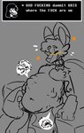 abdominal_bulge blep blush chair cutaway expression_cutaway eyes_closed female female/female female_pred fully_inside furniture group looking_pleasured profanity sitting smile soft_vore solo_focus speech_bubble text tongue tongue_out trio vore halvid9508 deltarune kris_where_are_we undertale_(series) boof_(character) kris_(deltarune) susie_(deltarune) african_wild_dog canid canine fox hybrid mammal english_text line_art meme