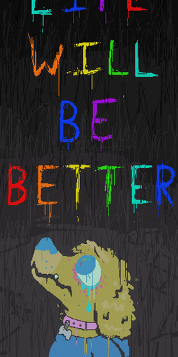 ambiguous_gender anthro blue_clothing blue_shirt blue_topwear bodily_fluids clothing collar crying fur looking_up pink_collar rainbow_text sad shirt solo tears text topwear vent_art yellow_body yellow_fur demensa canid canine canis domestic_dog mammal 2025 absurd_res bust_portrait digital_media_(artwork) english_text hi_res pixel_(artwork) portrait