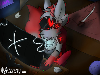 bed computer electronics fluffy furniture glowing happy machine melee_weapon screen screen_face sword tombstone weapon dstitan protogen 4:3 absurd_res digital_media_(artwork) hi_res