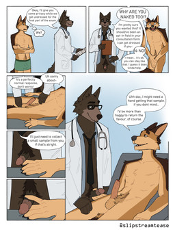 anthro balls biped bottomless boxers_(clothing) casual_erection casual_exposure casual_nudity circumcised circumcision_scar clothed clothing covering covering_crotch covering_erection covering_penis dialogue doctor duo embarrassed erection exhibitionism eyewear foreskin forwarduntoporn genital_scar genitals glans glasses half_naked humanoid_genitalia humanoid_penis involuntary_erection male male/male male_anthro medical_examination medical_instrument necktie penis pubes sample scar scientific_instrument shy surprised tail taking_notes text touching_penis underwear underwear_only unprofessional_behavior unretracted_foreskin wearing_glasses slipstreamtease charlie_(echto) canid canine mammal absurd_res comic english_text hi_res
