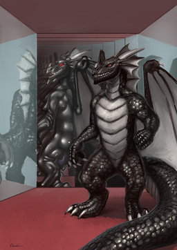 anthro black_body claws dorsal_fin dorsal_frill ear_fins fin frill_(anatomy) grey_body horn male mirror mirror_reflection multicolored_body red_eyes reflection spines tail wings rhaenjarr mythology negadrake dragon mythological_creature mythological_scalie scalie 2022 absurd_res hi_res