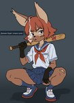 5_fingers anthro bandage baseball_bat bat_(object) bottomwear cigarette clothing crouching female fingers gloves_(marking) holding_bat holding_object markings necktie russian sailor school_uniform sitting skirt slav_squat smoking solo tally_marks text uniform weapon kill_la_kill prostokvashino studio_trigger senketsu tama-tama hybrid full-length_portrait portrait russian_text translated