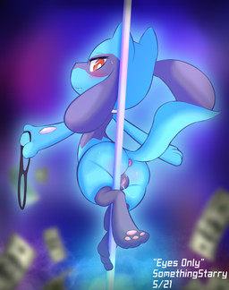 animal_genitalia animal_vulva anus black_vulva blush bodily_fluids butt canine_genitalia canine_vulva clothing dancing feet female feral genital_fluids genitals looking_at_viewer looking_back panties pawpads paws pole pole_dancing semi-anthro solo stripper stripper_pole tail toes underwear vaginal_fluids vulva somethingstarry nintendo pokemon generation_4_pokemon mammal pokemon_(species) riolu absurd_res hi_res