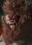 anthro beard blood blood_in_mouth blood_on_face blurred_background bodily_fluids brown_beard brown_body brown_facial_hair brown_fur brown_hair brown_horn facial_hair fur hair horn licking licking_lips licking_own_lips male narrowed_eyes orange_eyes orange_sclera outside plant solo striped_horn stripes text tongue tongue_out tree white_body white_fur santanahoffman felid mammal 2025 artist_name bust_portrait dated hi_res portrait