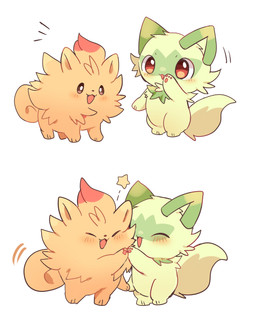 ambiguous_gender blush blush_lines brown_eyes cheek_tuft cute_fangs duo eyes_closed facial_tuft fangs feral fluffy happy head_tuft looking_at_another motion_lines open_mouth pawpads pink_pawpads pupils simple_background standing tail teeth tuft white_background white_pupils yupo_0322 nintendo pokemon pokemon_winds_and_waves generation_10_pokemon generation_9_pokemon pokemon_(species) pombon sprigatito 2026 absurd_res colored colored_sketch digital_drawing_(artwork) digital_media_(artwork) hi_res shaded sketch