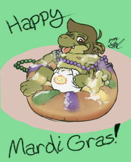 anthro beads cake clothed clothing dessert diaper diaper_only food holidays king_cake male solo topless wearing_diaper young poorsal abuniverse carnival_(holiday) little_kings mardi_gras james_salamandre amphibian salamander tadpole