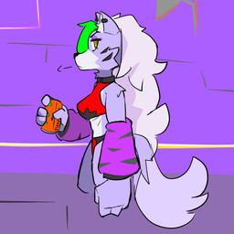 4_fingers annoyed anthro arm_tuft arm_warmers armwear beverage beverage_can bottomwear breasts can choker clothing collar container crop_top ear_piercing eyebrows eyeshadow female fingers grey_body grey_hair hair holding_beverage holding_can holding_container holding_object inside jewelry long_hair looking_at_viewer makeup messy_hair neck_tuft necklace panties pattern_arm_warmers pattern_armwear pattern_clothing piercing purple_background purple_body red_bottomwear red_clothing red_topwear shirt shoulder_tuft simple_background solo tail tank_top topwear tuft underwear wolf_tail yellow_eyes ryuuu_k1 five_nights_at_freddy's five_nights_at_freddy's:_security_breach scottgames steel_wool_studios roxanne_wolf canid canine canis mammal wolf 1:1 2023 digital_media_(artwork) hi_res