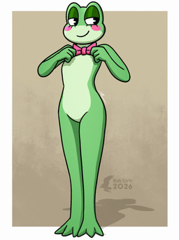 anthro blush bow_tie bow_tie_only countershade_face countershade_torso countershading eyelashes female glistening_eyelids green_body mostly_nude smile solo standing fish_birb glitch_productions the_amazing_digital_circus ribbit_(tadc) amphibian frog absurd_res hi_res signature watermark
