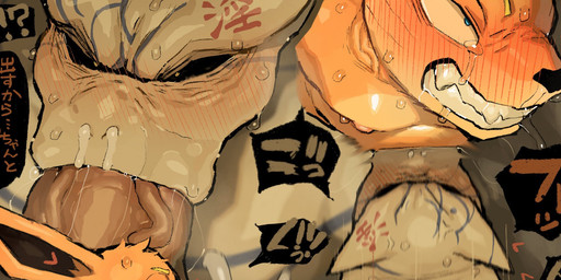 anthro blush bodily_fluids cum cum_from_nose cum_in_mouth cum_in_nose cum_inside duo genital_fluids genitals male male/male oral penis shota size_difference sweat tears text vein veiny_penis young syuro naruto naruto_uzumaki shukaku canid canine fox mammal raccoon_dog tailed_beast tanuki 2026 cropped hi_res japanese_text translated