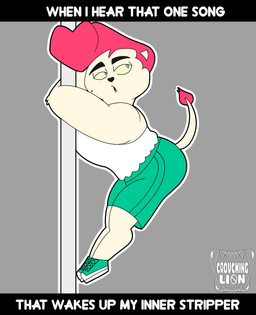 anthro bottomwear clothing dancing looking_back male pole pole_dancing shirt shorts solo tank_top text topwear crouchingli0n cartoon_network mao_mao:_heroes_of_pure_heart king_snugglemagne_xxv felid feline lion mammal pantherine english_text hi_res