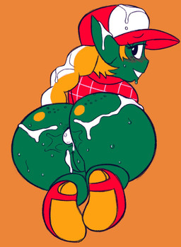 anus big_butt black_eyes blonde_hair blush bodily_fluids bottomless braided_hair butt clothed clothing cum cum_in_ass cum_inside cum_on_butt cum_on_ear cum_on_head eyelashes female footwear freckled_butt freckled_face freckles genital_fluids genitals green_body green_skin hair hat headgear headwear humanoid_pointy_ears leaking_cum looking_at_viewer looking_back looking_back_at_viewer orange_background pointy_ears rear_view red_clothing red_footwear red_shoes red_topwear shoes simple_background smile solo thick_thighs topwear trucker_hat vulva wide_hips cam_(artist) goblin humanoid hi_res