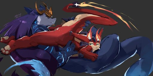 anthro aroused big_butt blue_body bone butt claws duo feral fire flaming_tail green_eyes hair laying_on_another lying male male/male multicolored_body nude on_back red_body red_scales scales skull skull_head spikes spikes_(anatomy) tail tail_grab wings sundevu asian_mythology east_asian_mythology league_of_legends mythology riot_games tencent aurelion_sol_(lol) smolder_(lol) dragon eastern_dragon imperial_dragon_(lol) mythological_creature mythological_scalie scalie hi_res