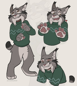 anthro bottomless clothed clothing fur grey_body grey_fur male paws simple_background smile solo sweater topwear sharnyer unknown_artist disney zootopia pawbert_lynxley canada_lynx felid feline lynx mammal absurd_res hi_res