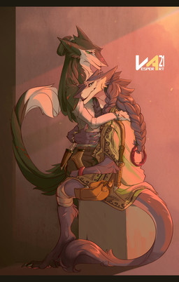 anthro clothing dagger duo ears_back fur glistening glistening_eyes green_body green_clothing green_ears green_eyes green_fur green_hair green_tail green_topwear grey_body grey_ears grey_fur grey_hair grey_tail hair hug leg_tuft logo melee_weapon mouth_closed narrowed_eyes pawpads pink_pawpads pivoted_ears pupils simple_background sitting slit_pupils tail text topwear tuft weapon white_body white_clothing white_fur white_tail white_topwear vesper_art sergal 2021 absurd_res artist_logo artist_name dated hi_res letterbox