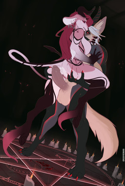 4_toes 5_fingers anus balls big_ears big_penis black_lips black_lipstick black_stripes blood bodily_fluids breasts butt butt_grab candle claws cross duo ear_piercing ear_ring erection eyebrow_piercing facial_piercing feet female fingers foreskin fur genital_fluids genitals hair hand_on_butt hooves horn humanoid_genitalia humanoid_penis lips lipstick long_hair long_tail makeup male male/female multicolored_body multicolored_fur nude occult_symbol penis pentagram piercing pink_body precum red_eyes red_hair ring_piercing scratches scratching simple_background standing stripes summoning summoning_circle symbol tail toes vaginal_fluids vulva conditional_dnp reddyrennard azraellia idam_(fennec-form) bovid canid canine canis caprine caprine_demon demon fennec_fox fox goat goat_demon mammal true_fox 2022 hi_res