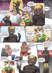anthro boss_(gym_pals) bruno_(gym_pals) bulge canid canine canis clothing comic dialogue ear_piercing english_text face_in_crotch felid gym_pals h155296 hi_res lion male male/male mammal master_(gym_pals) niku_(gym_pals) nipple_piercing nipples pal_(gym_pals) pantherine piercing text tiger underwear wolf