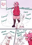 absurd_res anthro avian beak biped bodily_fluids carrie_(giidenuts) clothed clothing comic demon demon_humanoid dialogue duo ear_piercing feet female flapping_wings flippers giidenuts hair hi_res hoodie horn horned_humanoid humanoid larger_female male neck_tuft piercing pink_hair riley_(giidenuts) running simple_background size_difference smaller_male spit-take standing sweat tail talons text tired toes topwear tuft white_body