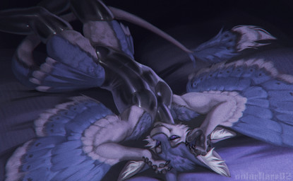 4_ears anthro clothing feathered_wings feathers latex latex_clothing latex_legwear legwear leotard lying male multi_ear on_back one-piece_swimsuit solo swimwear text wings solarflare02 vortex_(vortexsleeps) avali absurd_res digital_media_(artwork) digital_painting_(artwork) english_text hi_res painting_(artwork)