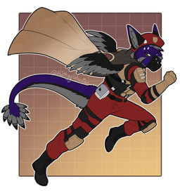 anthro armor belt beret black_body black_boots black_clothing black_footwear black_fur black_straps body_armor boots cape chest_rig clothing device elbow_pads facial_horn feathered_wings feathers fingerless_gloves footwear fur gloves grey_body grey_fur grey_hair hair handwear hat headgear headwear horn knee_pads male no_pupils nose_horn pouches purple_body purple_fur red_beret red_clothing red_hat red_headwear running shoes solo spikes straps tail tail_feathers tan_armor tan_clothing tan_gloves tan_handwear text uniform wings kittyywarrior helldivers parrybow dutch_angel_dragon absurd_res hi_res
