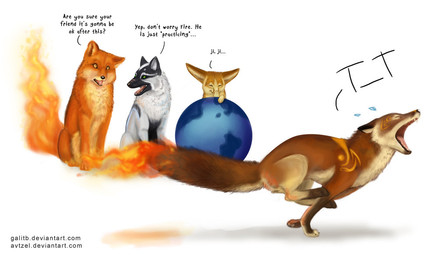 ambiguous_gender bodily_fluids crying dialogue feral fire flaming_tail fluffy fluffy_tail globe group humor laugh pain tail tears text world galitb firefox mozilla ab_(avtzel) sahir stealthdash canid canine fennec_fox fox mammal true_fox english_text unavailable_at_source url