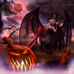 anthro black_body black_fur black_spots choker clothed clothing corset cross female floating food fruit fur glowing glowing_eyes holidays horn jack-o'-lantern jewelry lingerie looking_at_viewer markings moon necklace plant pumpkin red_moon skimpy smile smirk solo spots spotted_body spotted_fur topwear tree white_body white_fur wings puppydogash halloween ash_pyralis canid canine canis dalmatian demon domestic_dog mammal 1:1 digital_media_(artwork) hi_res