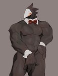 anthro biped black_body blush bodily_fluids bow_tie covering covering_crotch covering_penis eyes_closed fingers front_view fur grey_background male mostly_nude multicolored_body muscular simple_background solo sweat sweatdrop white_body bebebebebe deltarune undertale_(series) swatchling