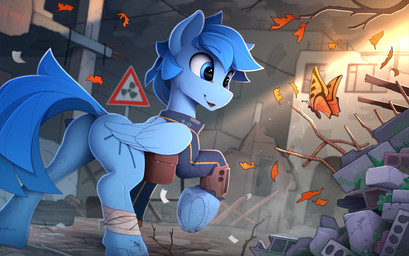 alternate_universe bandage clothing cutie_mark hooves light light_beam male open_mouth pip-boy raised_hoof ruins sign solo sunbeam sunlight text text_on_clothing text_on_topwear topwear underhoof vault_suit wings yakovlev-vad fallout fallout_equestria hasbro microsoft my_little_pony mythology fan_character arthropod butterfly equid equine horse insect lepidopteran mammal mythological_creature mythological_equine pegasus pony 2020 hi_res