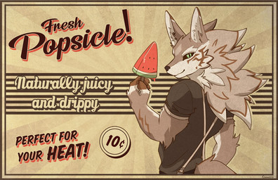anthro black_sclera countershading food fruit green_eyes hair looking_back male mane mane_hair melon plant popsicle solo text watermelon cinnafluff lifewonders tokyo_afterschool_summoners seth_(tas) canid canine canis jackal mammal 2019 english_text
