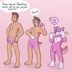 3_fingers 3_toes 5_fingers 5_toes anthro briefs brown_hair bulge clothed clothing dialogue feet fingers forced_smile hair heart_(marking) heart_symbol holidays male markings mid_transformation nipples null_bulge pawpads paws pink_background pink_body pink_briefs pink_clothing pink_nose pink_pawpads pink_underwear plushie plushie_transformation plushification shrinking simple_background size_transformation smile solo species_transformation speech_bubble text toes transformation transformation_sequence underwear blueballs valentine's_day animate_inanimate canid canine human living_plushie mammal 2022 digital_drawing_(artwork) digital_media_(artwork) english_text hi_res sequence story story_in_description